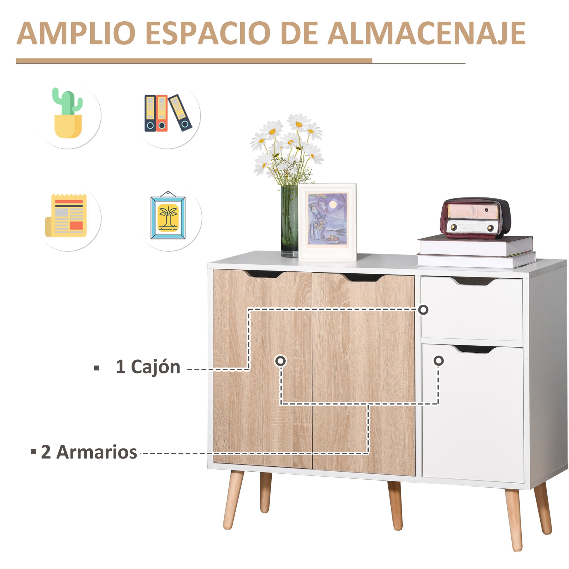 Modern Sideboard with 3 Doors and Drawer 35.4x11.8x28.3 inches White and Natural Wood