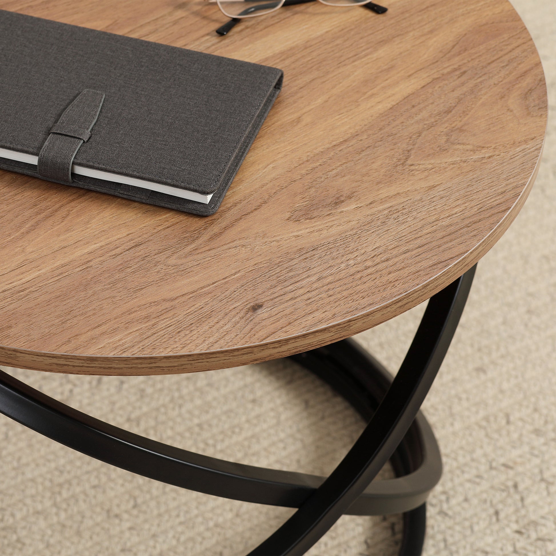 Round Coffee Table Industrial Style Side Table in Black Metal and Wood Top - dim. Ø 60 x 46H cm