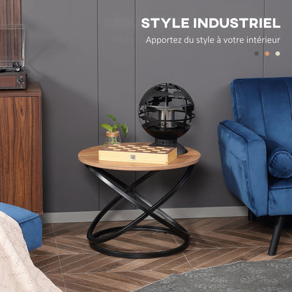 Round Coffee Table Industrial Style Side Table in Black Metal and Wood Top - dim. Ø 60 x 46H cm