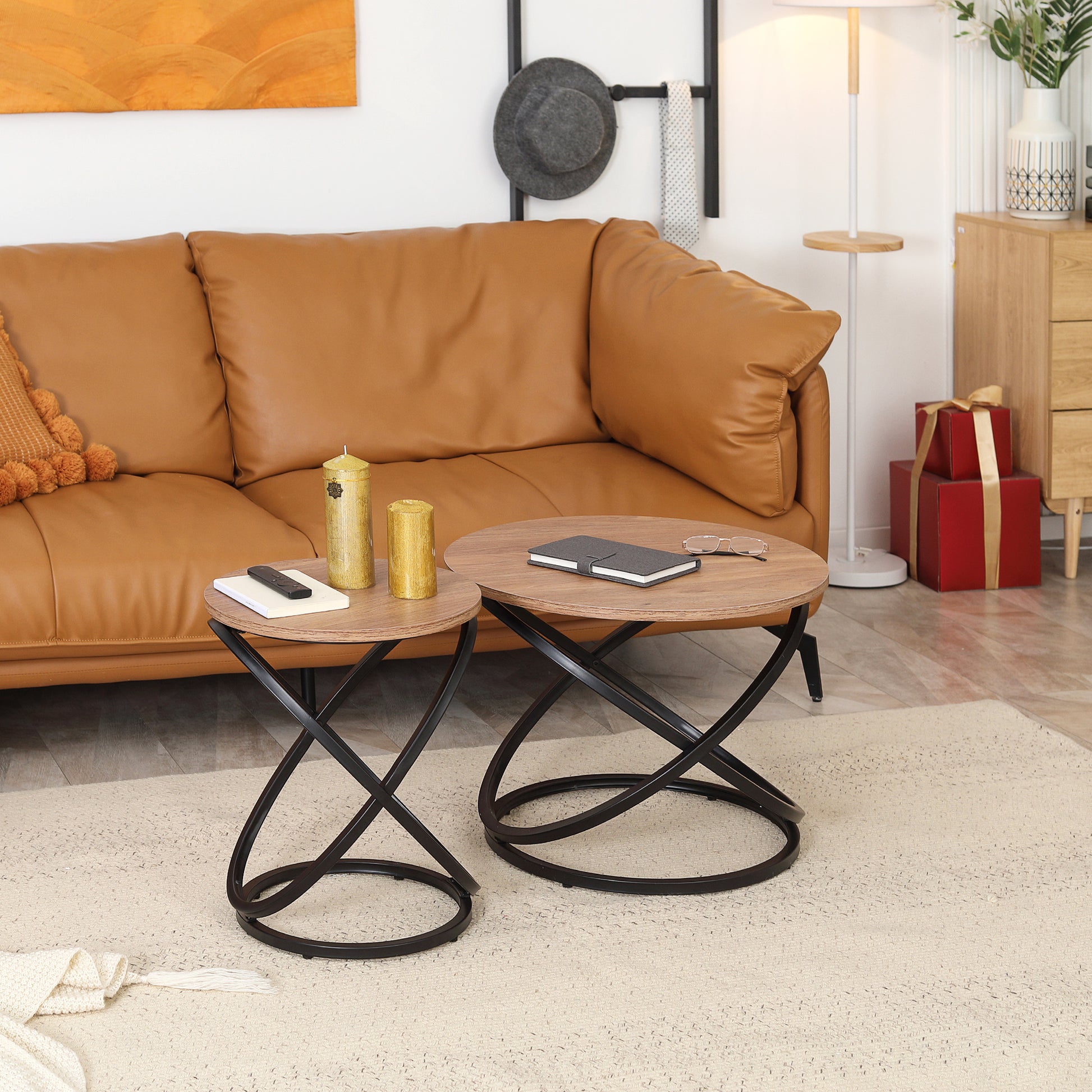 Round Coffee Table Industrial Style Side Table in Black Metal and Wood Top - dim. Ø 60 x 46H cm