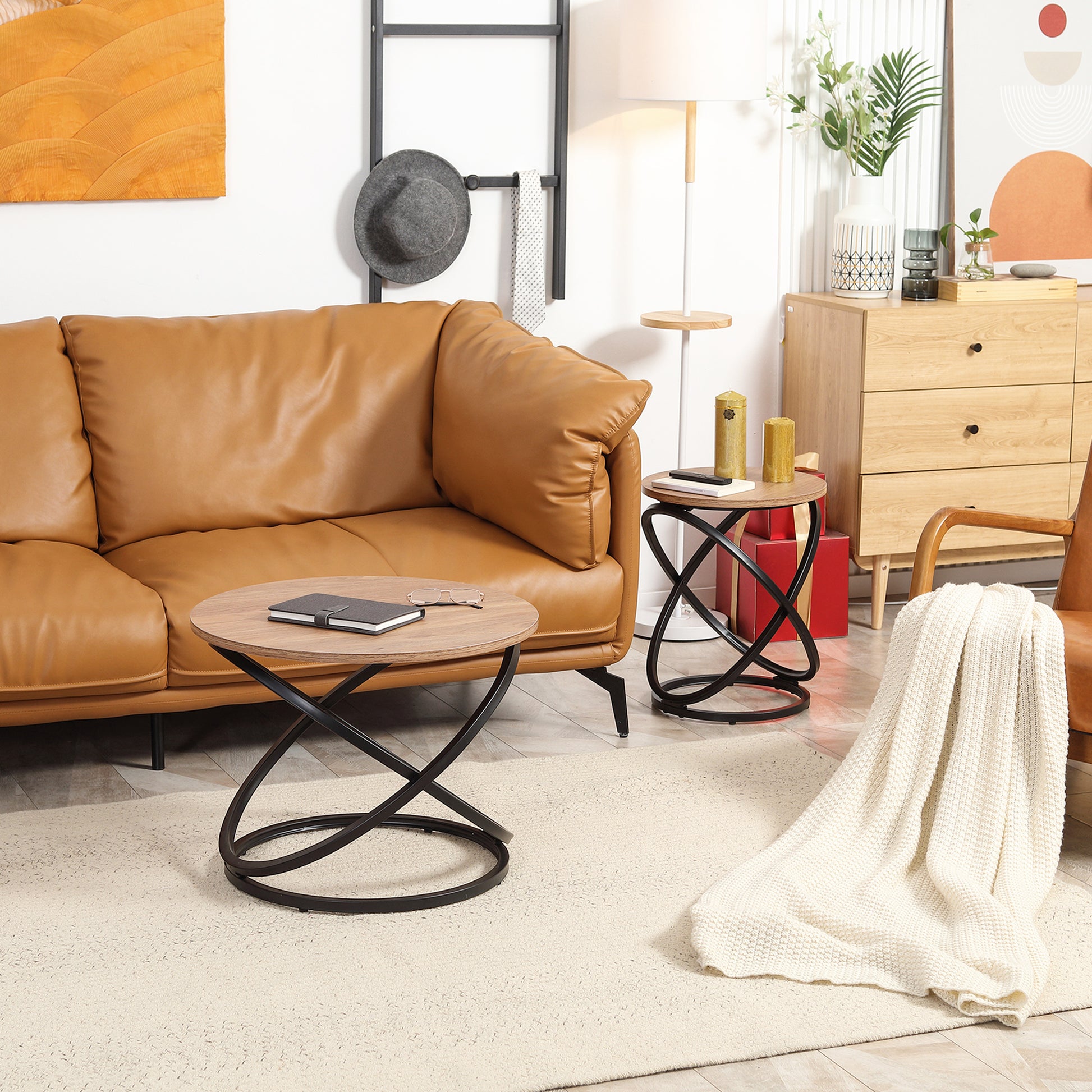 Round Coffee Table Industrial Style Side Table in Black Metal and Wood Top - dim. Ø 60 x 46H cm