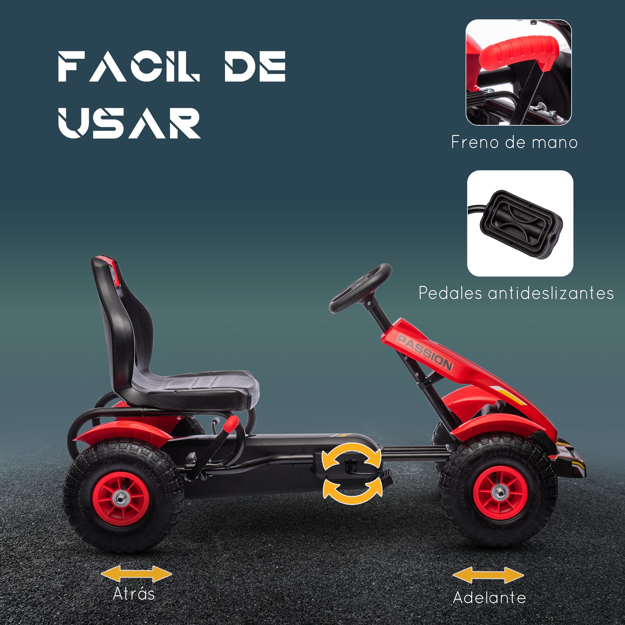 Pedal Go-Kart for Kids 5+ Years Pedal Car with Adjustable Seat Rubber Tires Hand Brake for Boys and Girls Up to 50 kg 121x58x61 cm Red