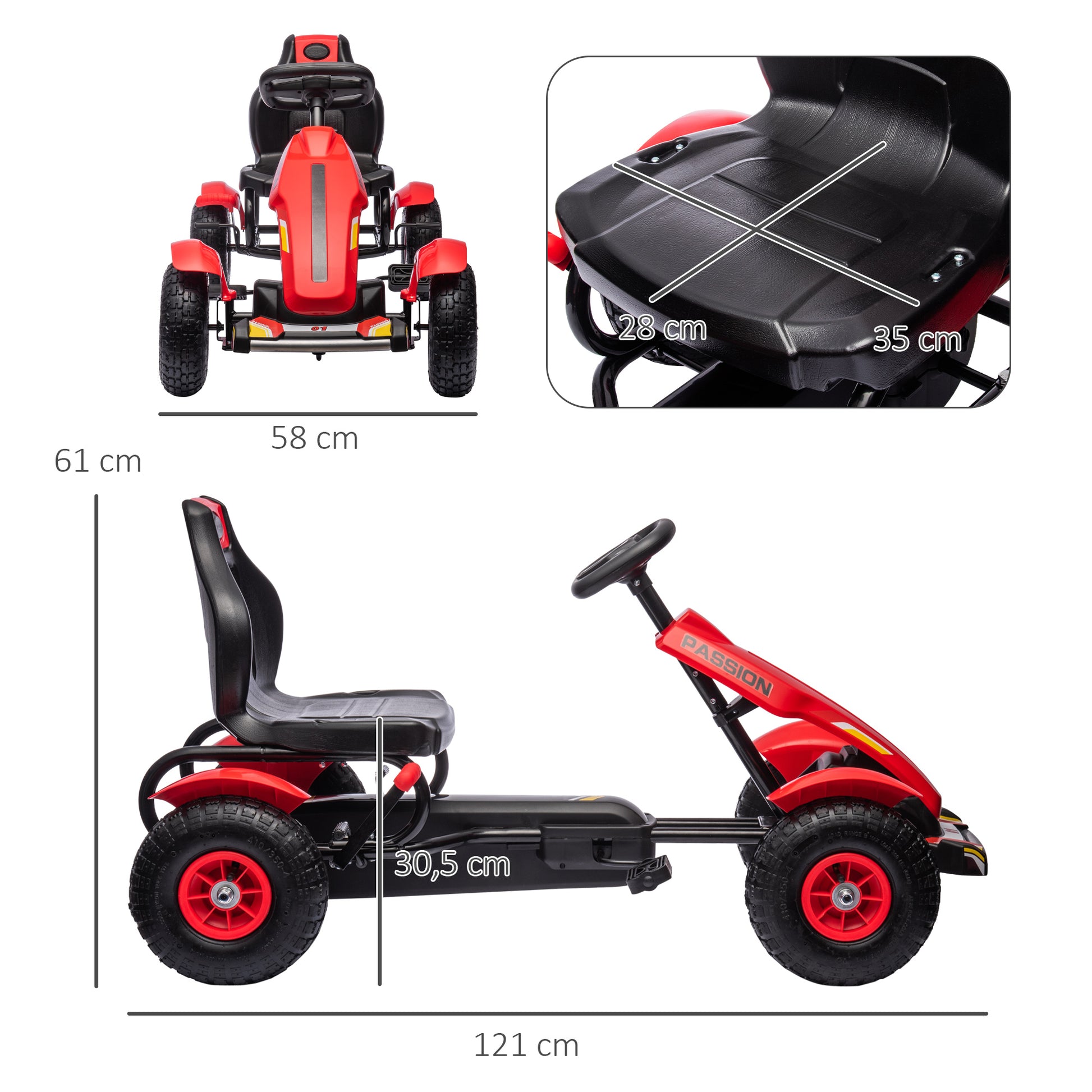 Pedal Go-Kart for Kids 5+ Years Pedal Car with Adjustable Seat Rubber Tires Hand Brake for Boys and Girls Up to 50 kg 121x58x61 cm Red