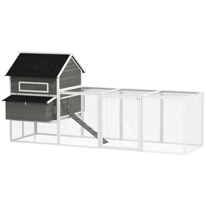 Large Outdoor Wooden Chicken Coop with 2 Nesting Boxes, Run, Asphalt Roof, Removable Tray & Ramp — Raised House for 8–10 Hens or Rabbits, 347 x 160 x 150 cm (136.6 x 63.0 x 59.1 in), Dark Gray