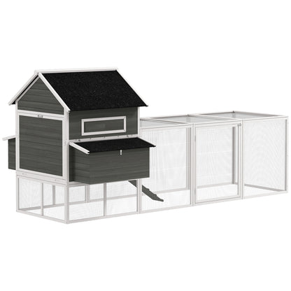 Large Outdoor Wooden Chicken Coop with 2 Nesting Boxes, Run, Asphalt Roof, Removable Tray & Ramp — Raised House for 8–10 Hens or Rabbits, 347 x 160 x 150 cm (136.6 x 63.0 x 59.1 in), Dark Gray