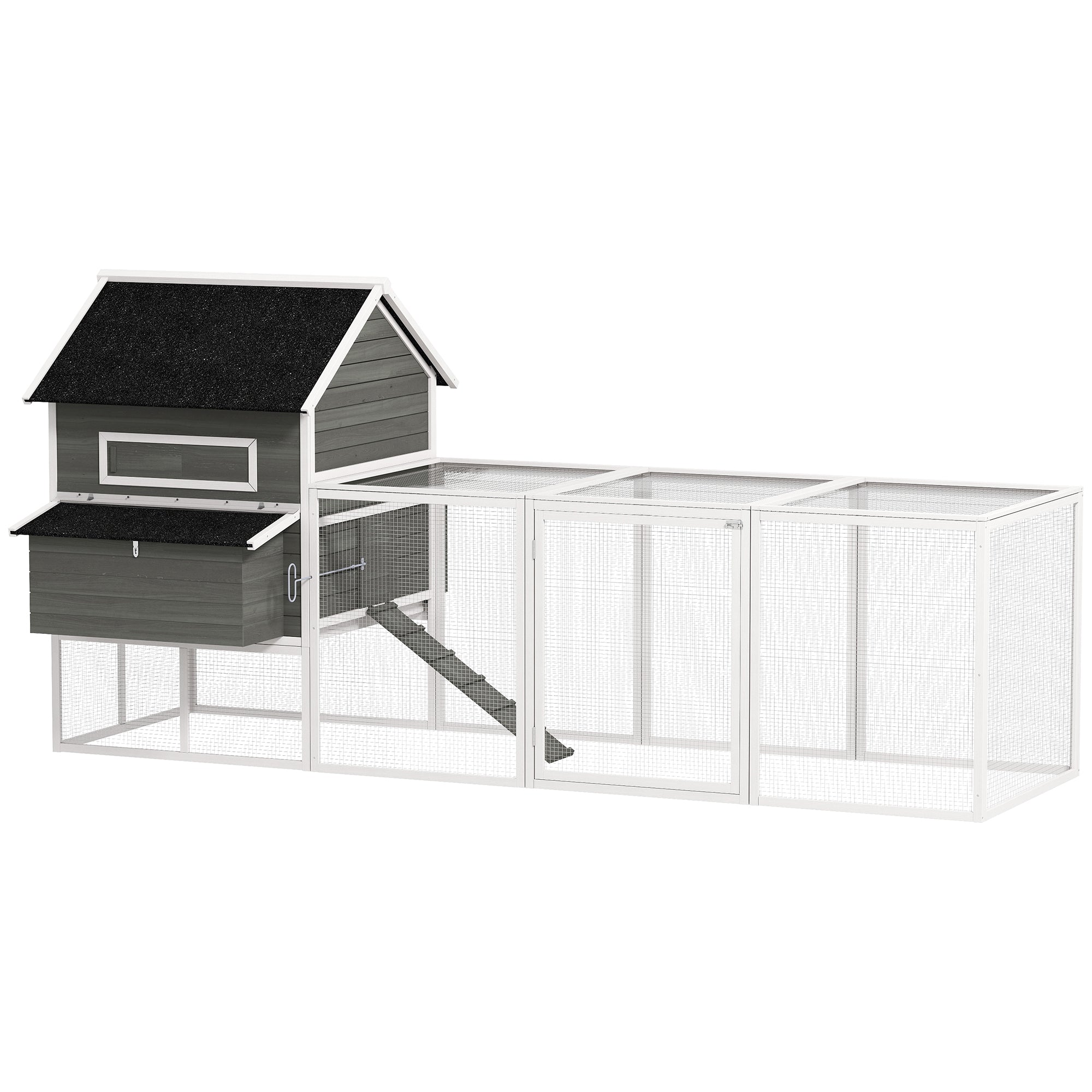 Large Outdoor Wooden Chicken Coop with 2 Nesting Boxes, Run, Asphalt Roof, Removable Tray & Ramp — Raised House for 8–10 Hens or Rabbits, 347 x 160 x 150 cm (136.6 x 63.0 x 59.1 in), Dark Gray