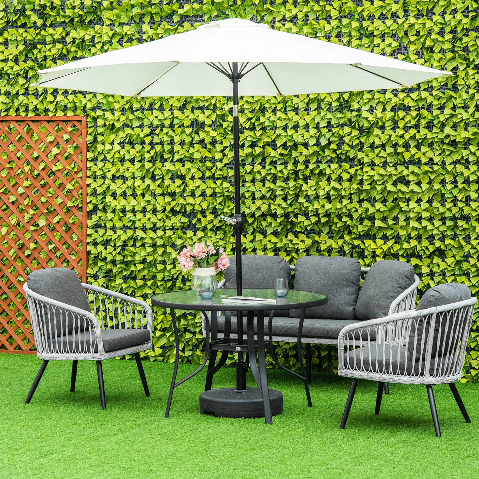 Black Glass Garden Table with Umbrella Hole Round Dining Table with Steel Frame for Outdoor Terrace Balcony Ø106.5x71 cm