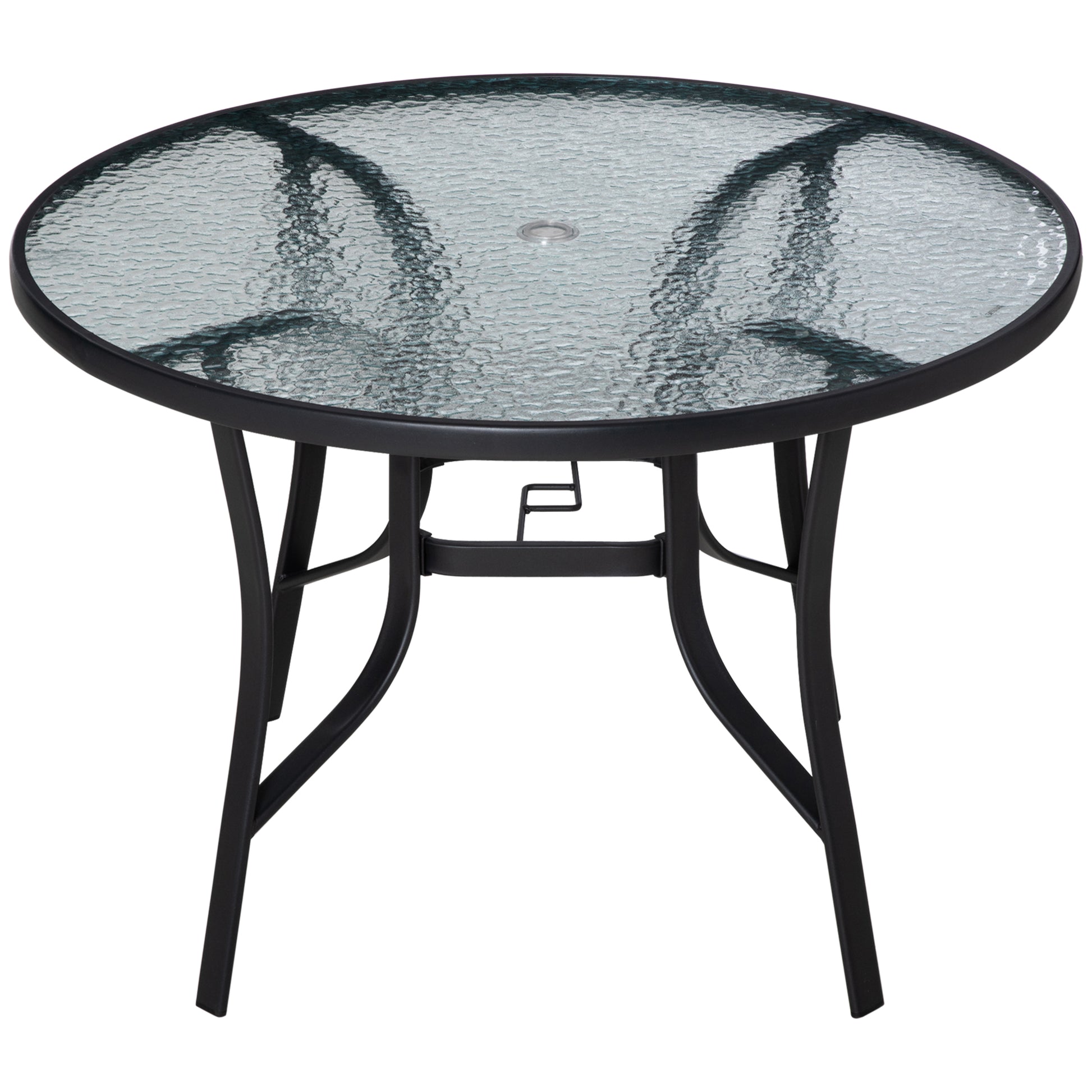 Black Glass Garden Table with Umbrella Hole Round Dining Table with Steel Frame for Outdoor Terrace Balcony Ø106.5x71 cm