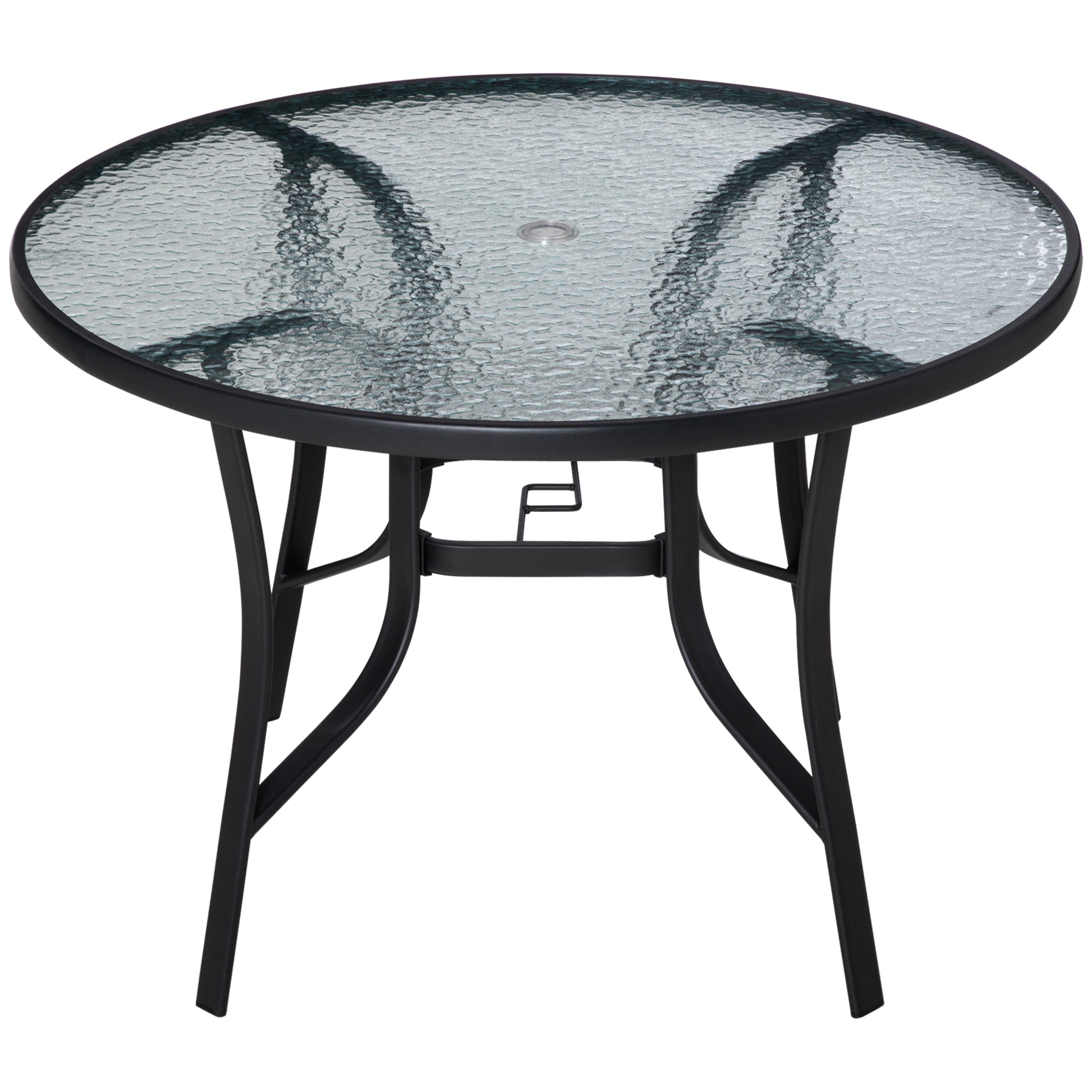 Black Glass Garden Table with Umbrella Hole Round Dining Table with Steel Frame for Outdoor Terrace Balcony Ø106.5x71 cm