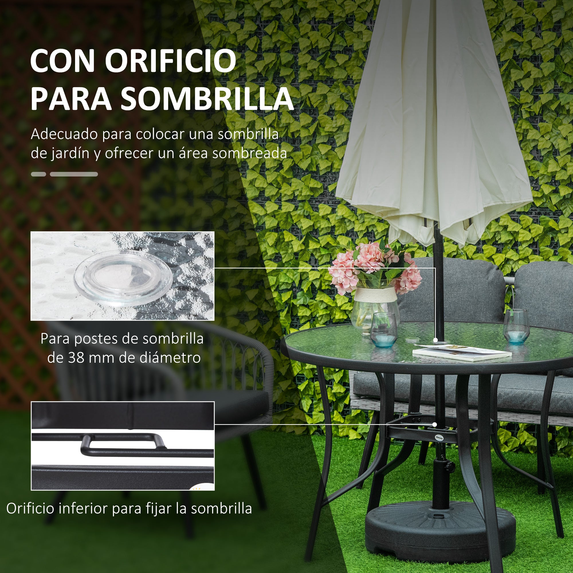 Black Glass Garden Table with Umbrella Hole Round Dining Table with Steel Frame for Outdoor Terrace Balcony Ø106.5x71 cm