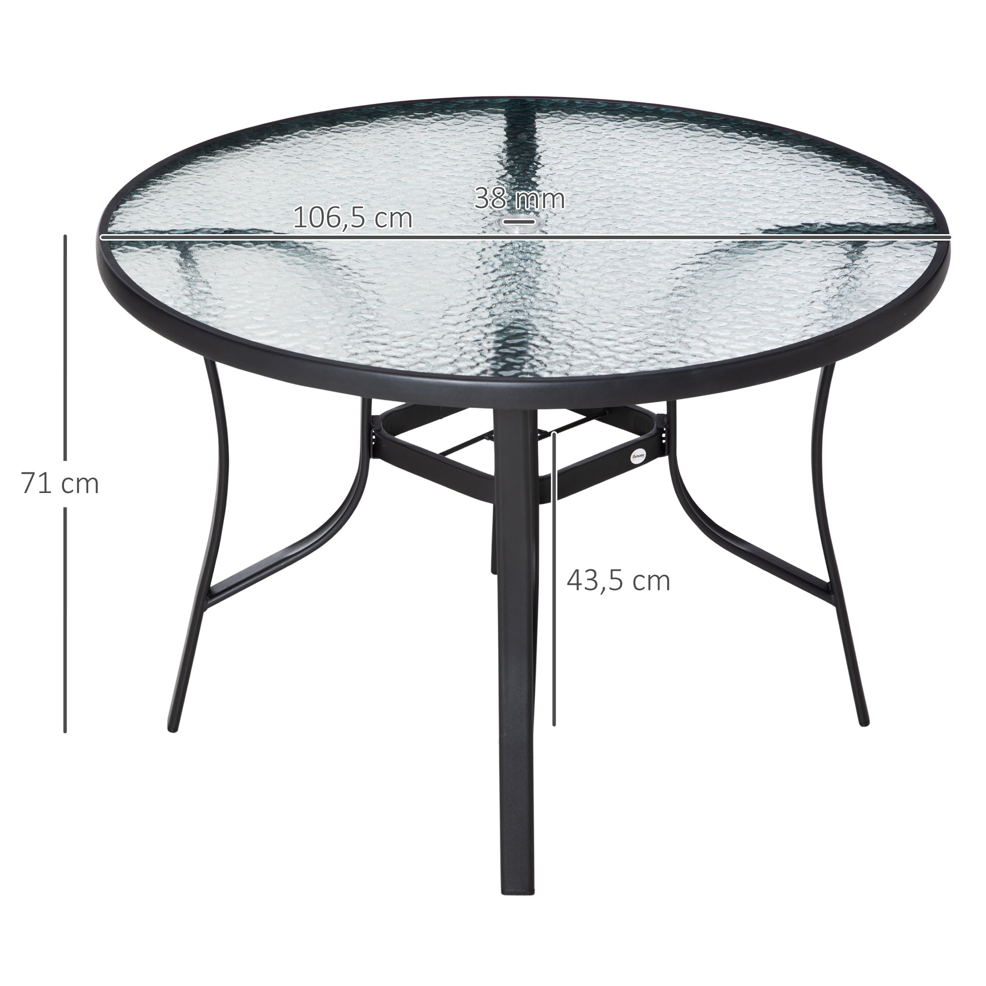 Black Glass Garden Table with Umbrella Hole Round Dining Table with Steel Frame for Outdoor Terrace Balcony Ø106.5x71 cm