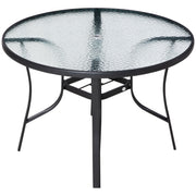 Black Glass Garden Table with Umbrella Hole Round Dining Table with Steel Frame for Outdoor Terrace Balcony Ø106.5x71 cm