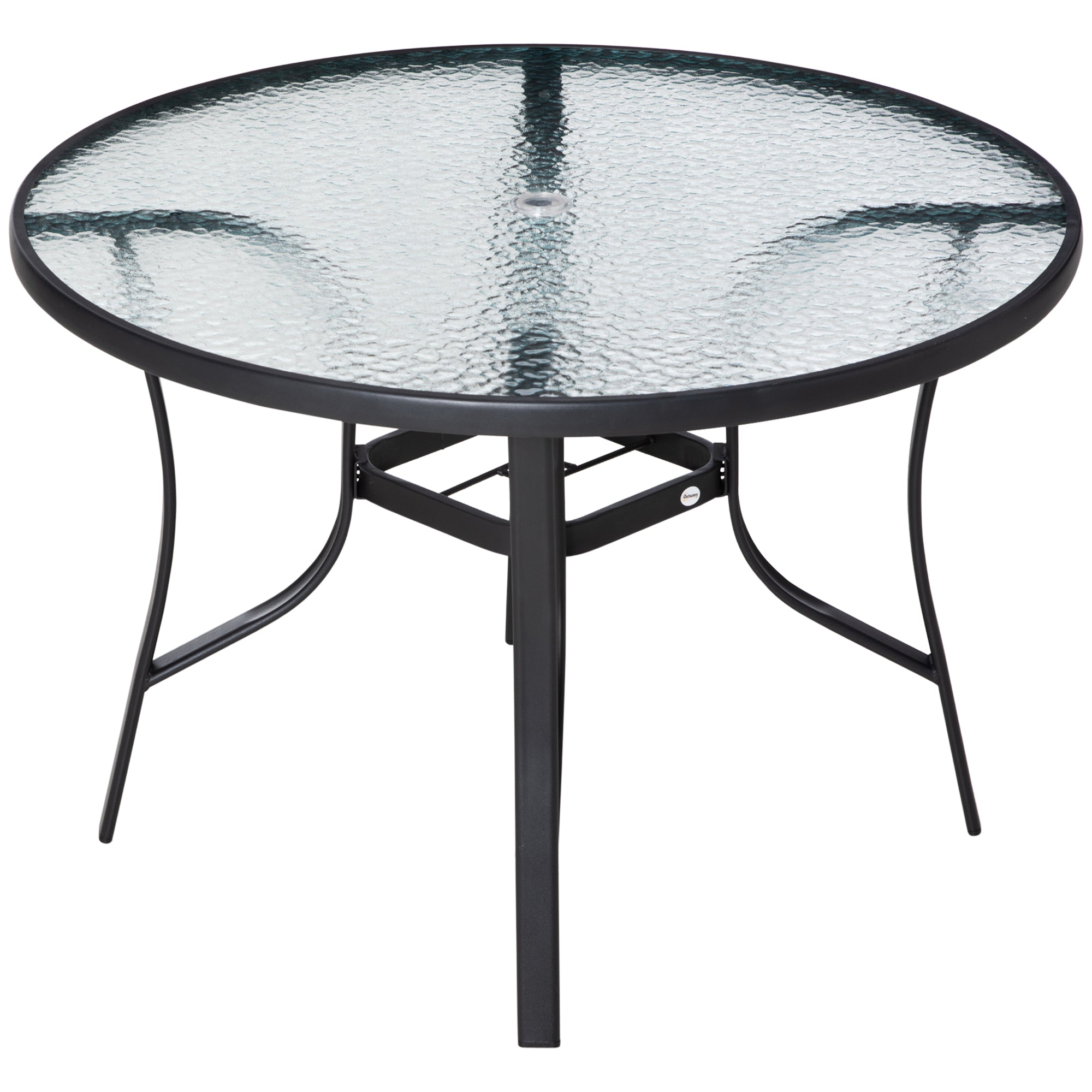 Black Glass Garden Table with Umbrella Hole Round Dining Table with Steel Frame for Outdoor Terrace Balcony Ø106.5x71 cm