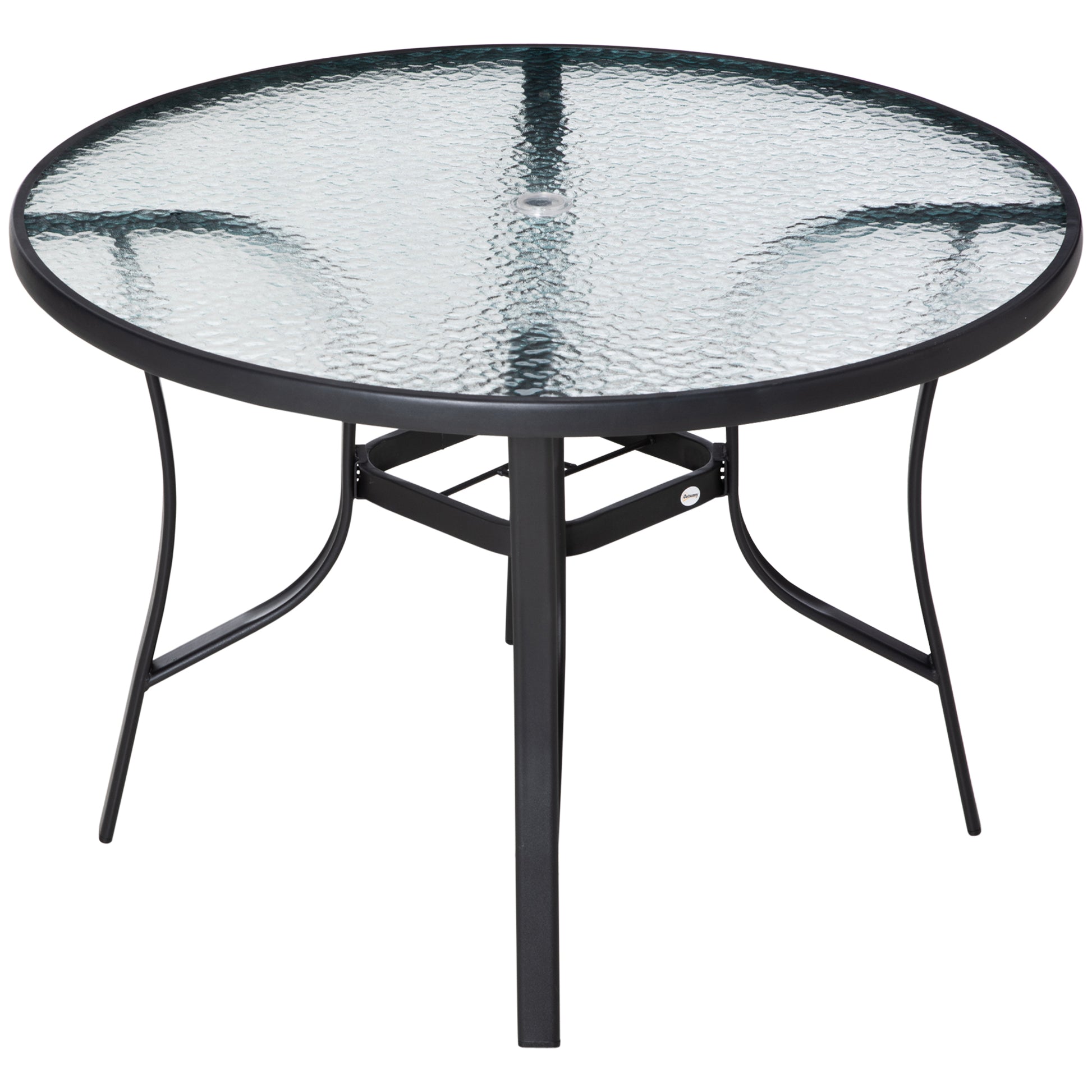 Black Glass Garden Table with Umbrella Hole Round Dining Table with Steel Frame for Outdoor Terrace Balcony Ø106.5x71 cm