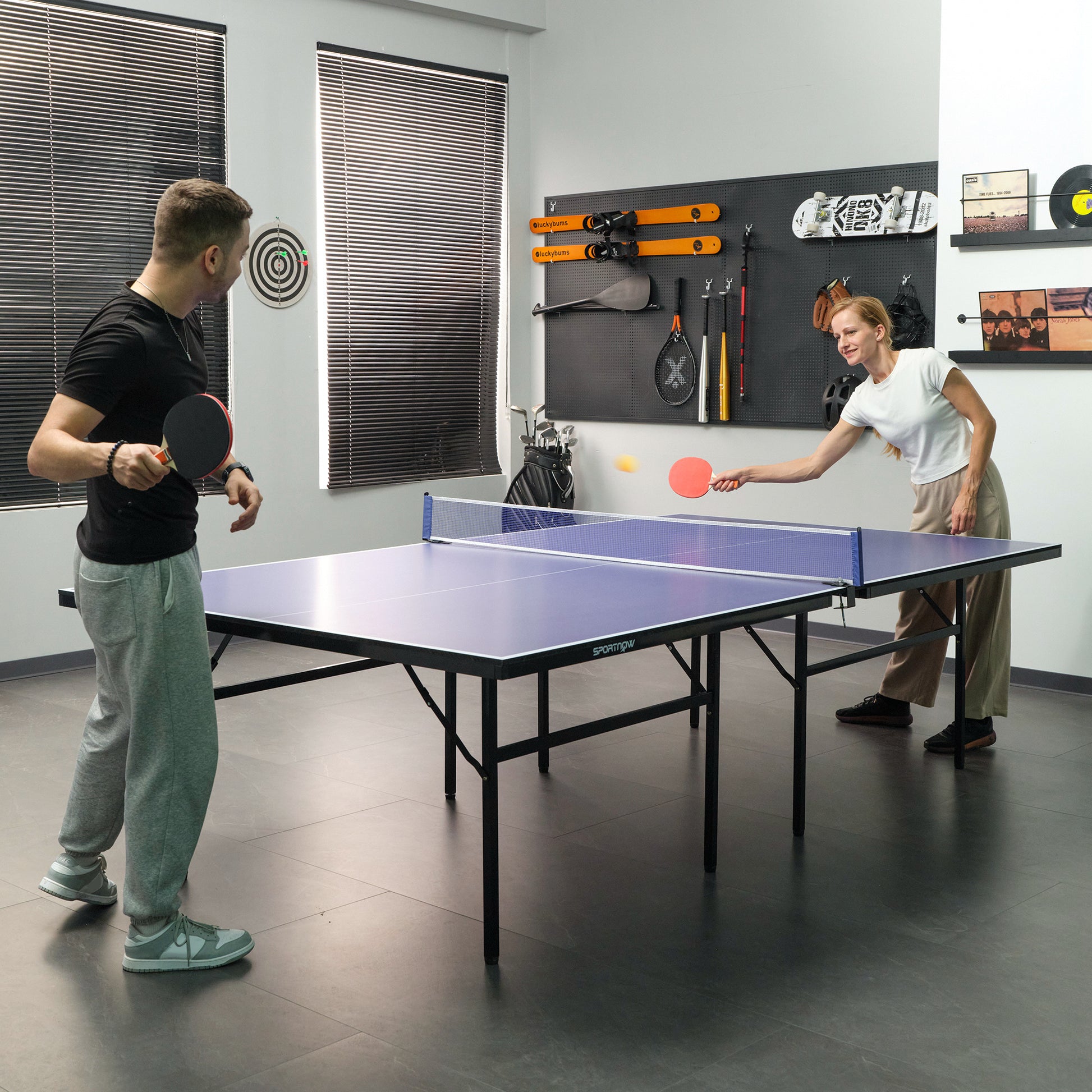 Folding Ping Pong Table with Net 152.5x274x76cm Outdoor Tennis Table Steel and MDF Material in Blue