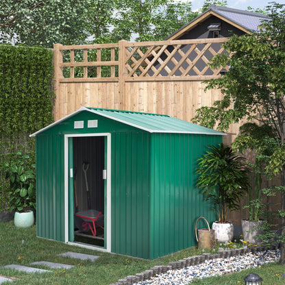 Garden Shed Exterior 4.9 m² 277x195x192 cm Garden Shed Exterior with Sliding Door Sloping Roof Reinforcing Base (Floor NOT Included) and 4 Dark Green Windows