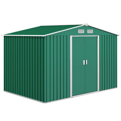 Garden Shed Exterior 4.9 m² 277x195x192 cm Garden Shed Exterior with Sliding Door Sloping Roof Reinforcing Base (Floor NOT Included) and 4 Dark Green Windows