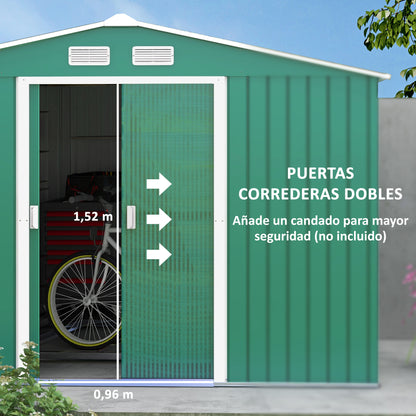 Garden Shed Exterior 4.9 m² 277x195x192 cm Garden Shed Exterior with Sliding Door Sloping Roof Reinforcing Base (Floor NOT Included) and 4 Dark Green Windows