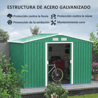 Garden Shed Exterior 4.9 m² 277x195x192 cm Garden Shed Exterior with Sliding Door Sloping Roof Reinforcing Base (Floor NOT Included) and 4 Dark Green Windows