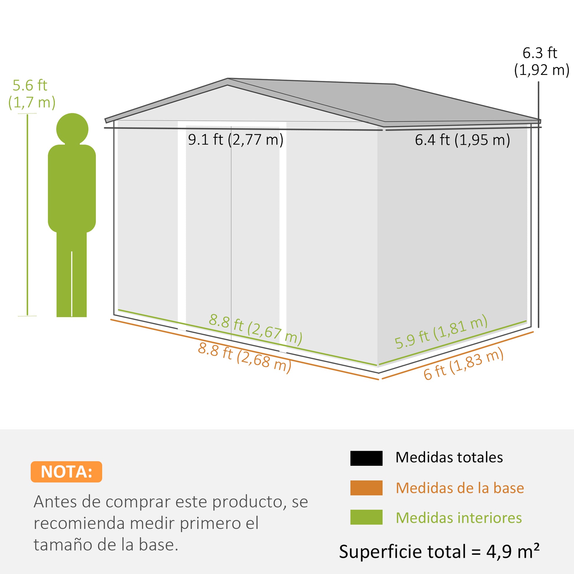 Garden Shed Exterior 4.9 m² 277x195x192 cm Garden Shed Exterior with Sliding Door Sloping Roof Reinforcing Base (Floor NOT Included) and 4 Dark Green Windows