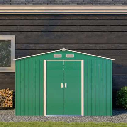 Garden Shed Exterior 4.9 m² 277x195x192 cm Garden Shed Exterior with Sliding Door Sloping Roof Reinforcing Base (Floor NOT Included) and 4 Dark Green Windows