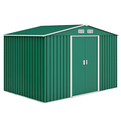 Garden Shed Exterior 4.9 m² 277x195x192 cm Garden Shed Exterior with Sliding Door Sloping Roof Reinforcing Base (Floor NOT Included) and 4 Dark Green Windows