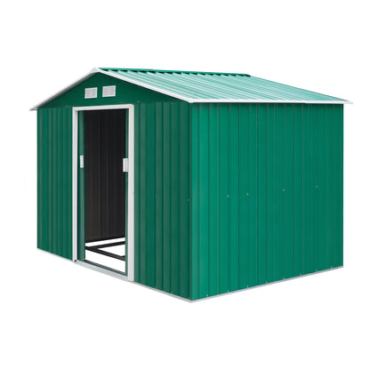Garden Shed Exterior 4.9 m² 277x195x192 cm Garden Shed Exterior with Sliding Door Sloping Roof Reinforcing Base (Floor NOT Included) and 4 Dark Green Windows