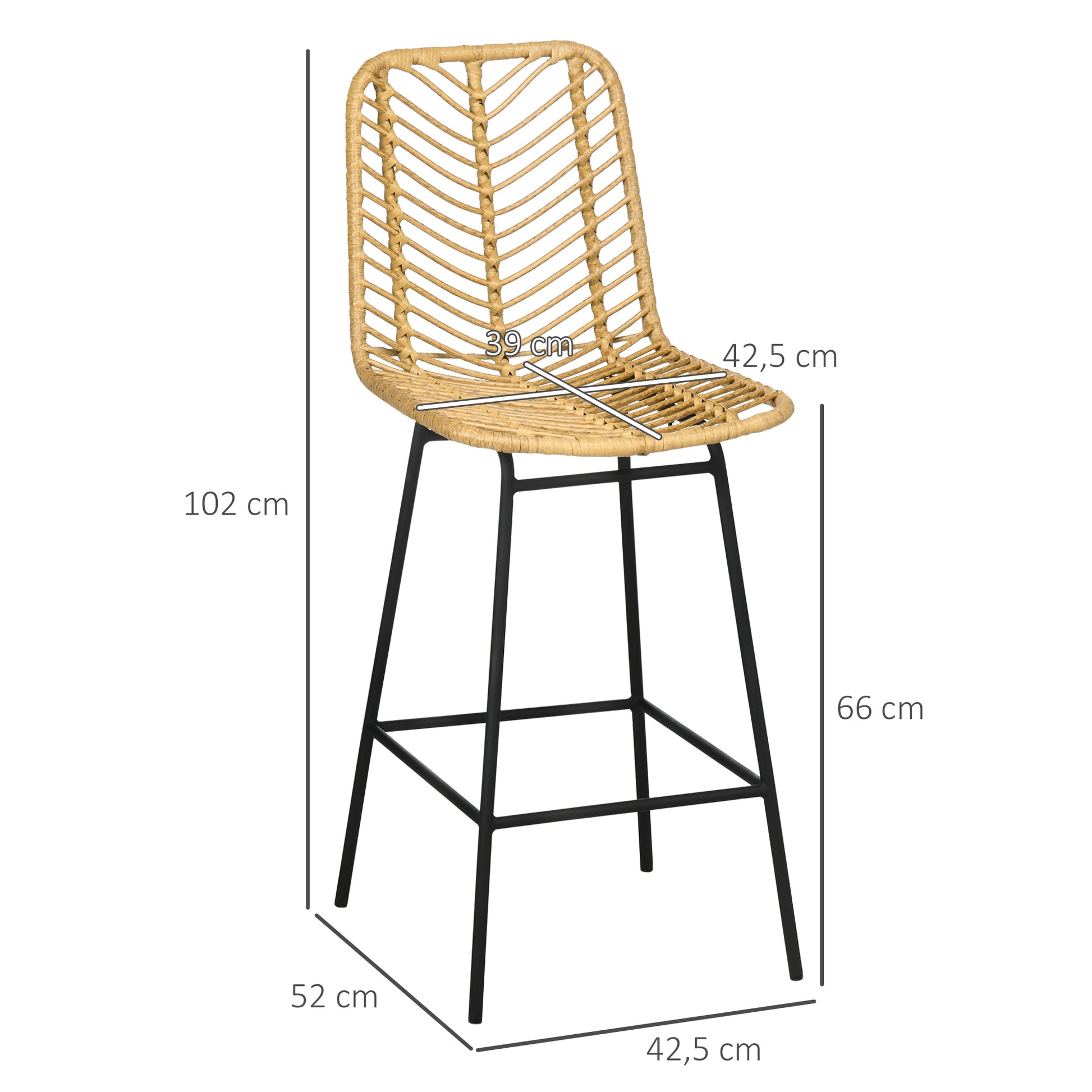 Set of 2 Bar Stools, Bar Chairs with PE Rattan Frame, Backrest, Kitchen Chairs with Integrated Footrest, Counter Stools for Kitchen, Living Room, Dining Room, Boho Style, Yellow