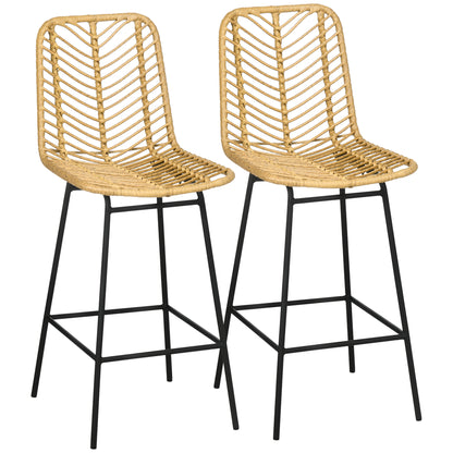 Set of 2 Bar Stools, Bar Chairs with PE Rattan Frame, Backrest, Kitchen Chairs with Integrated Footrest, Counter Stools for Kitchen, Living Room, Dining Room, Boho Style, Yellow