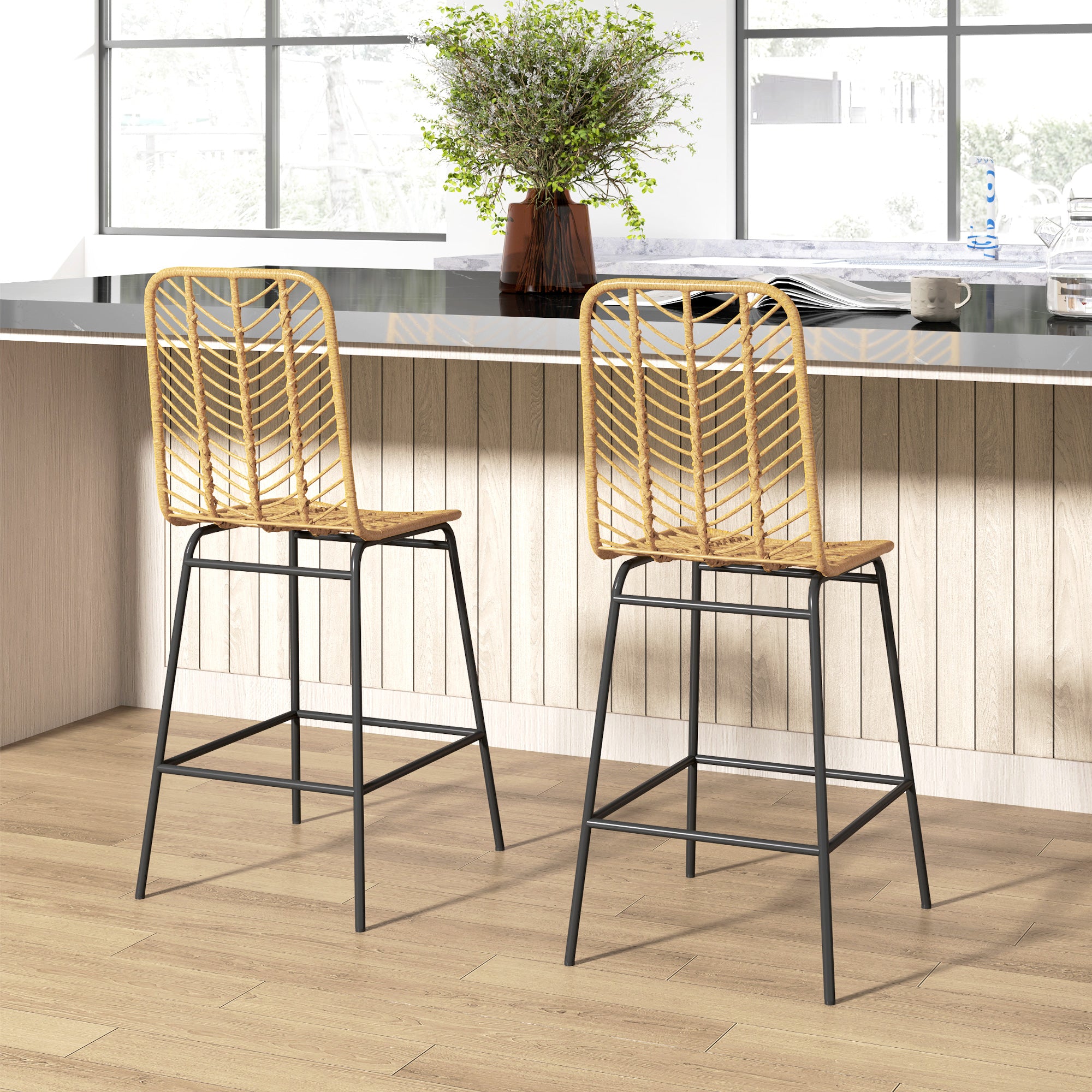 Set of 2 Bar Stools, Bar Chairs with PE Rattan Frame, Backrest, Kitchen Chairs with Integrated Footrest, Counter Stools for Kitchen, Living Room, Dining Room, Boho Style, Yellow