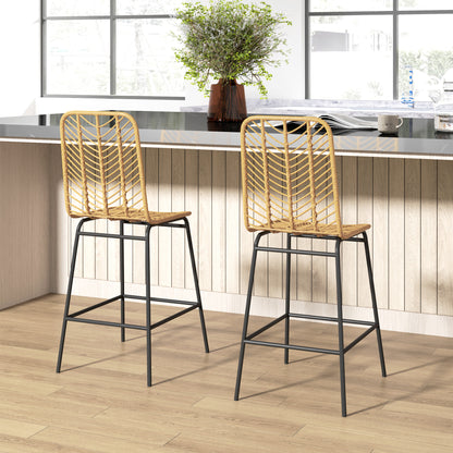 Set of 2 Bar Stools, Bar Chairs with PE Rattan Frame, Backrest, Kitchen Chairs with Integrated Footrest, Counter Stools for Kitchen, Living Room, Dining Room, Boho Style, Yellow