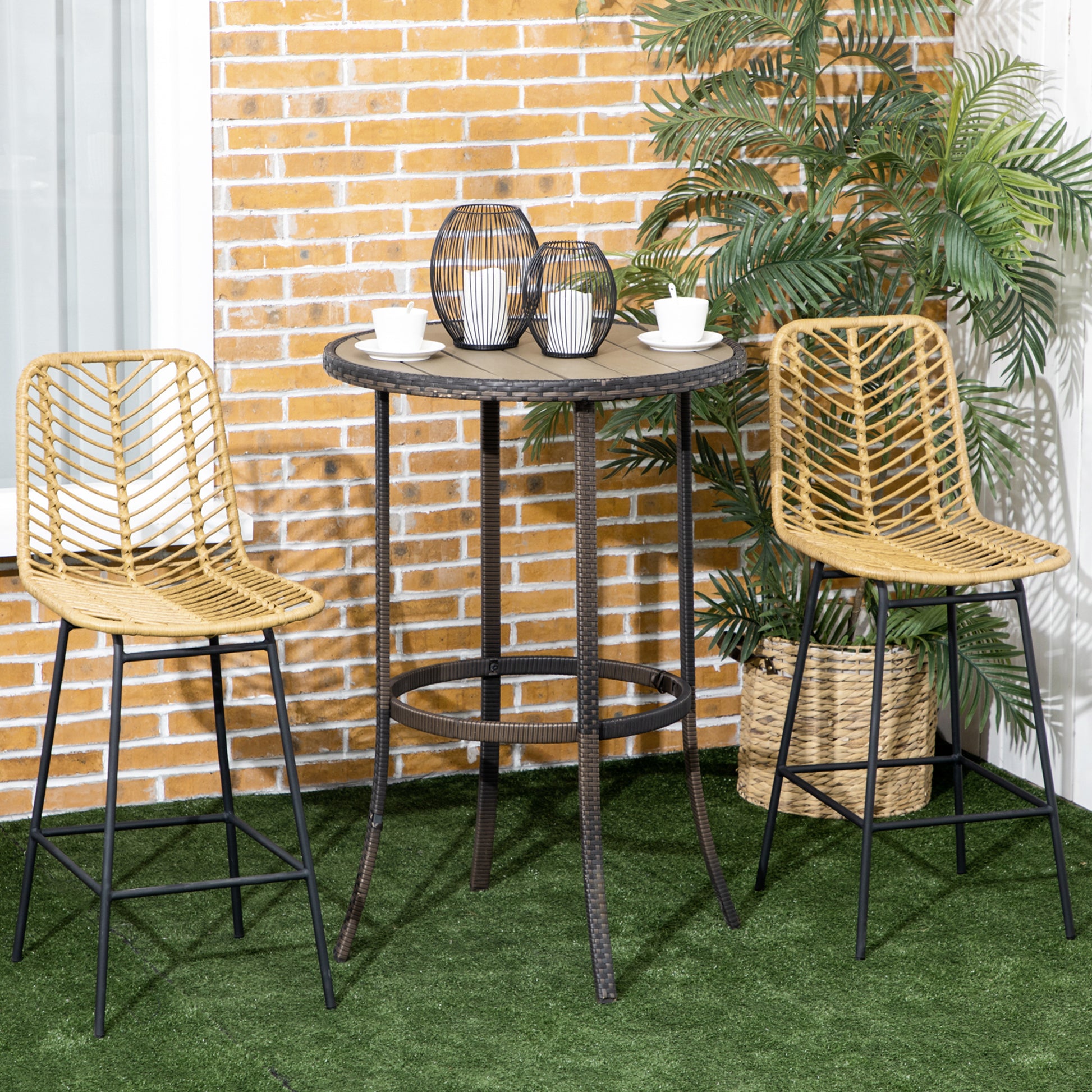 Set of 2 Bar Stools, Bar Chairs with PE Rattan Frame, Backrest, Kitchen Chairs with Integrated Footrest, Counter Stools for Kitchen, Living Room, Dining Room, Boho Style, Yellow