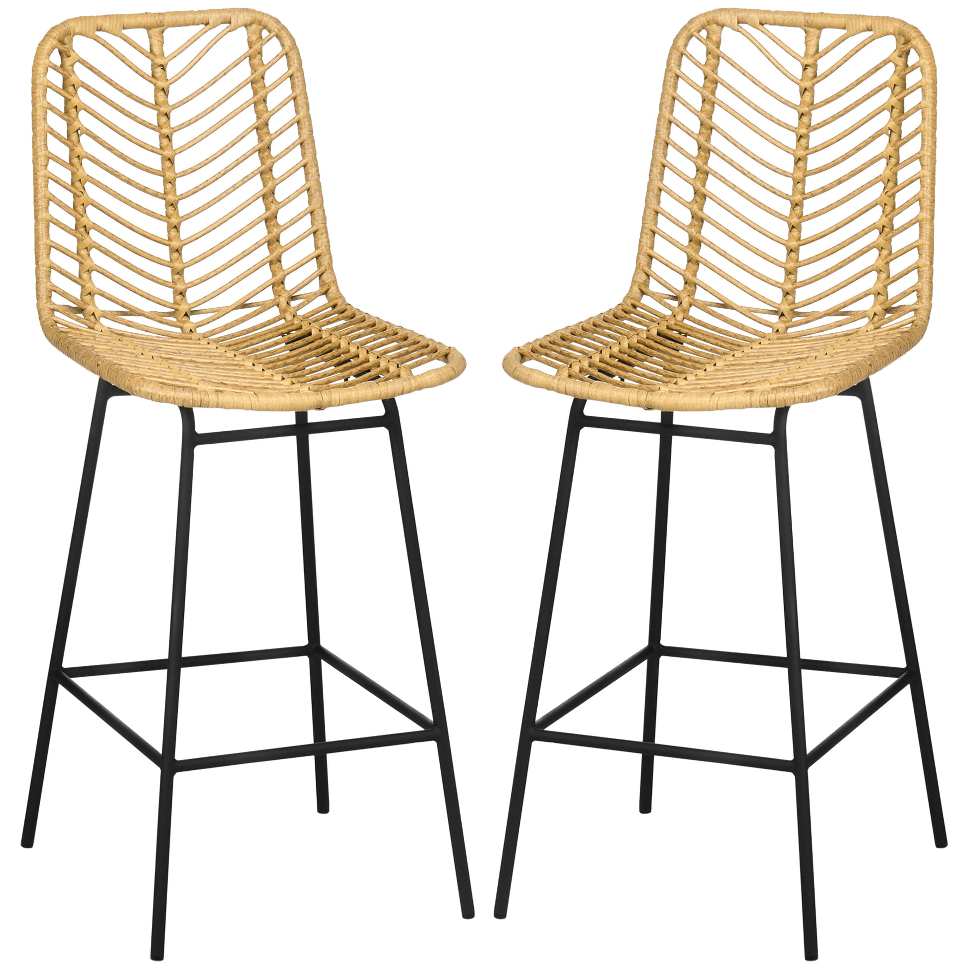 Set of 2 Bar Stools, Bar Chairs with PE Rattan Frame, Backrest, Kitchen Chairs with Integrated Footrest, Counter Stools for Kitchen, Living Room, Dining Room, Boho Style, Yellow