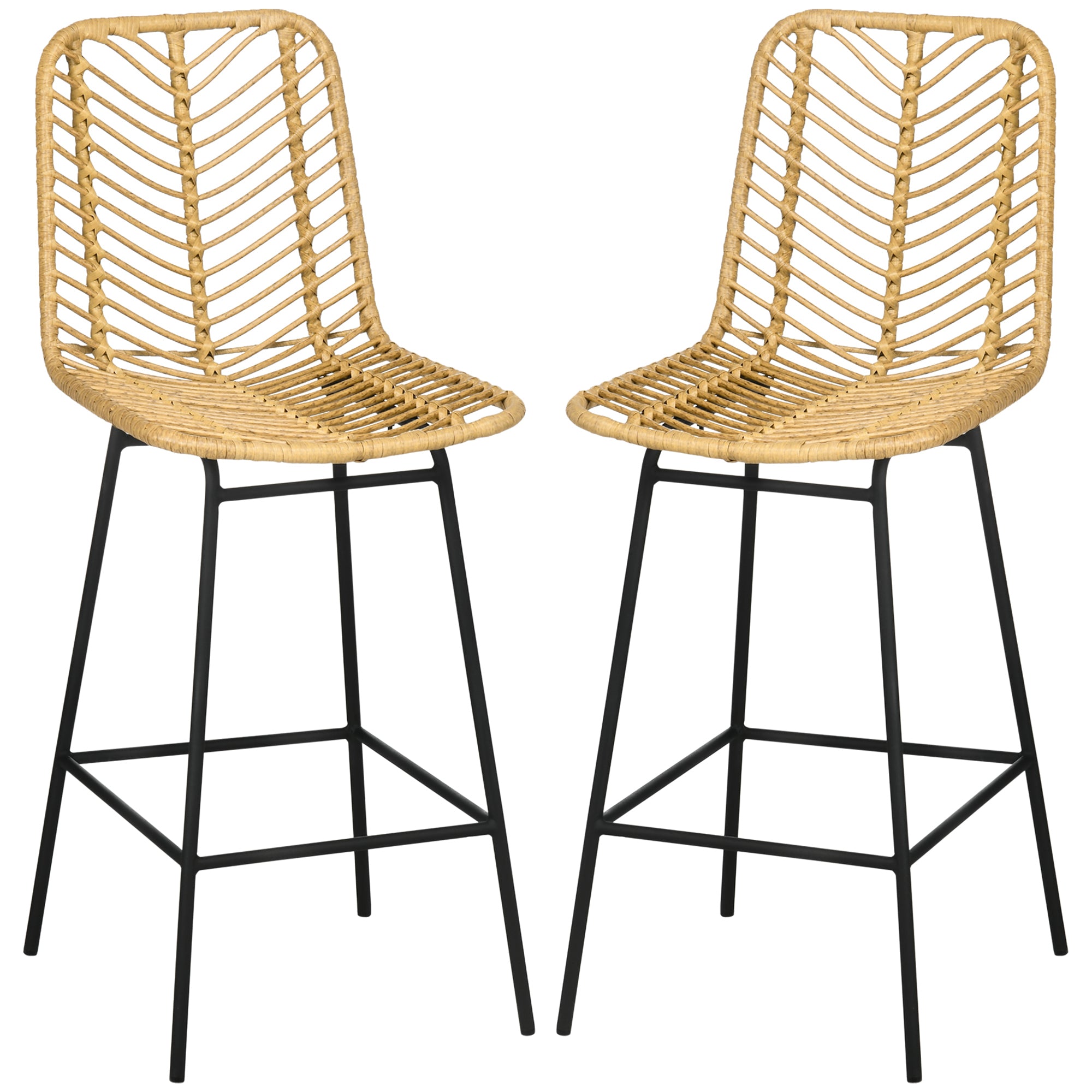 Set of 2 Bar Stools, Bar Chairs with PE Rattan Frame, Backrest, Kitchen Chairs with Integrated Footrest, Counter Stools for Kitchen, Living Room, Dining Room, Boho Style, Yellow