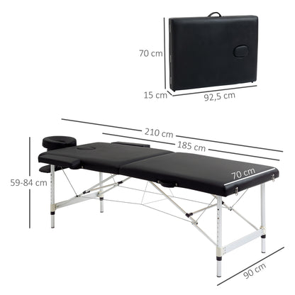 Foldable Massage Table Portable Massage Bed + Carrying Bag Max Load 225 Kg Adjustable Height Aluminum Alloy Structure 210 x 90 cm Black