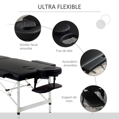 Foldable Massage Table Portable Massage Bed + Carrying Bag Max Load 225 Kg Adjustable Height Aluminum Alloy Structure 210 x 90 cm Black
