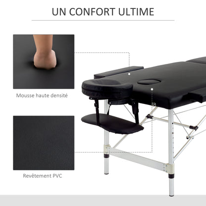 Foldable Massage Table Portable Massage Bed + Carrying Bag Max Load 225 Kg Adjustable Height Aluminum Alloy Structure 210 x 90 cm Black