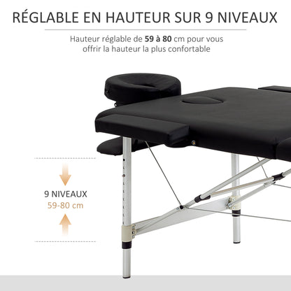 Foldable Massage Table Portable Massage Bed + Carrying Bag Max Load 225 Kg Adjustable Height Aluminum Alloy Structure 210 x 90 cm Black