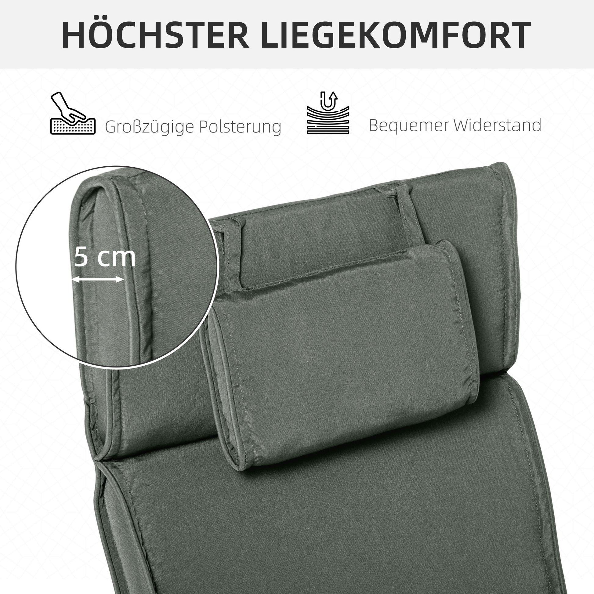 Lounger Cushion with Headrest Pillow, Removable Polyester + Cotton Fiber Cover Grey 198 x 53 x 5 cm