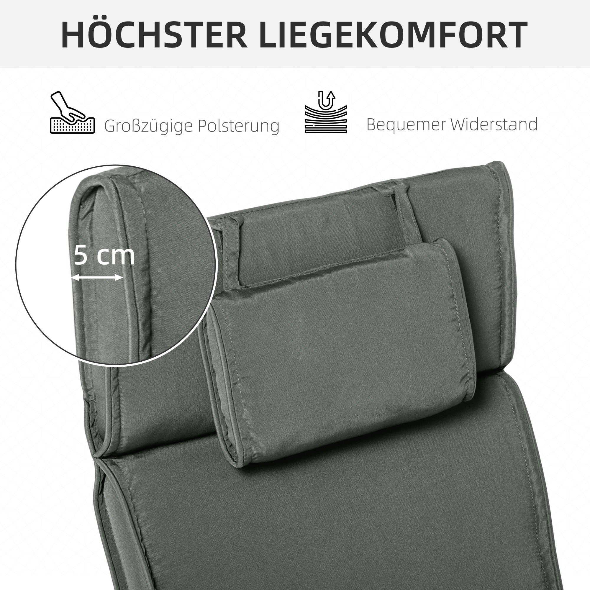 Lounger Cushion with Headrest Pillow, Removable Polyester + Cotton Fiber Cover Grey 198 x 53 x 5 cm