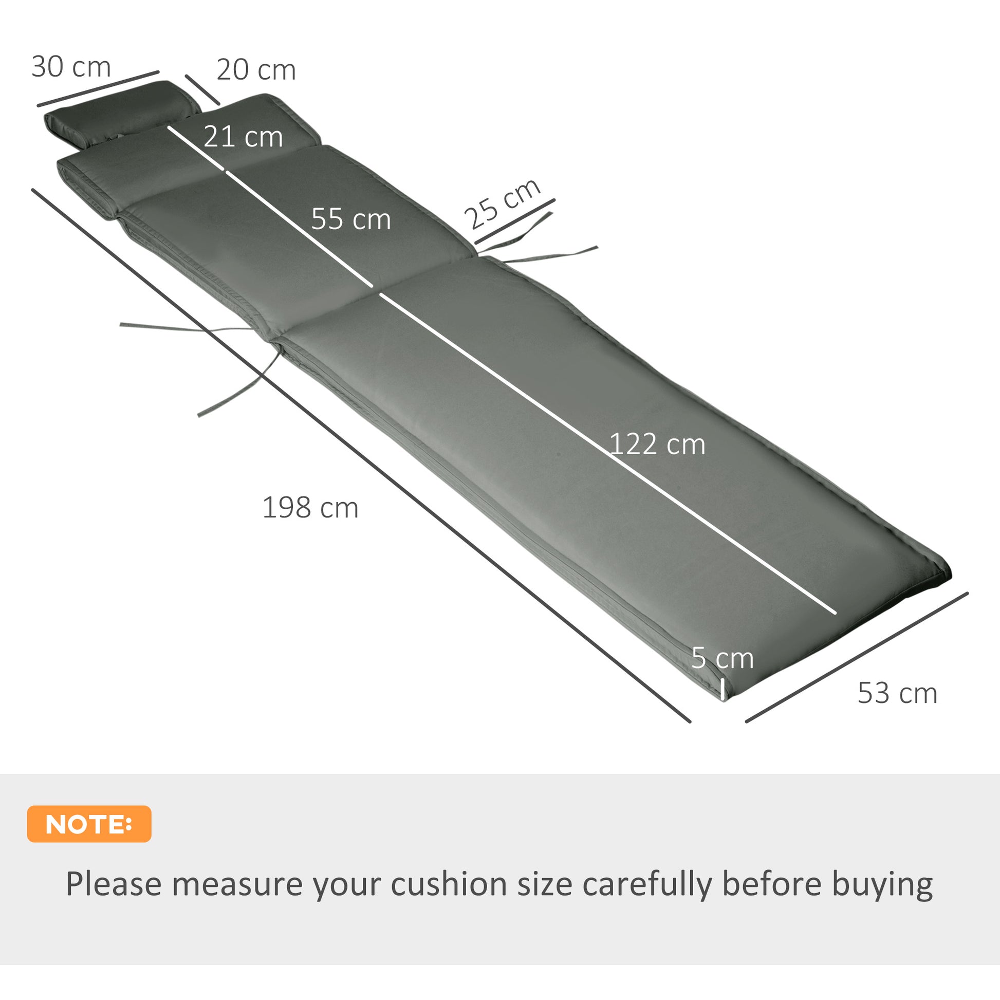 Lounger Cushion with Headrest Pillow, Removable Polyester + Cotton Fiber Cover Grey 198 x 53 x 5 cm