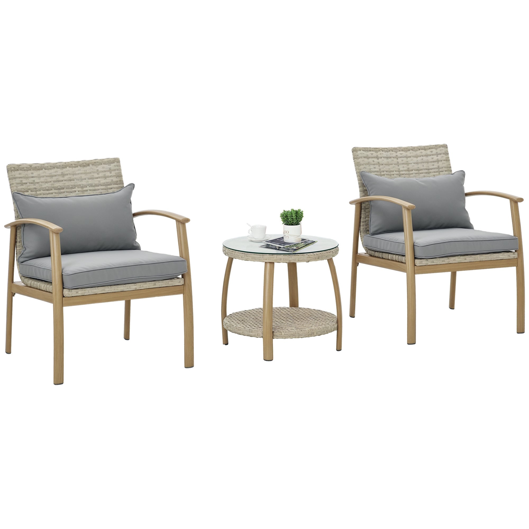 3-Piece Garden Furniture Set with Aluminum Frame and Removable Cushions for Terrace Patio Garden Natural and Brown