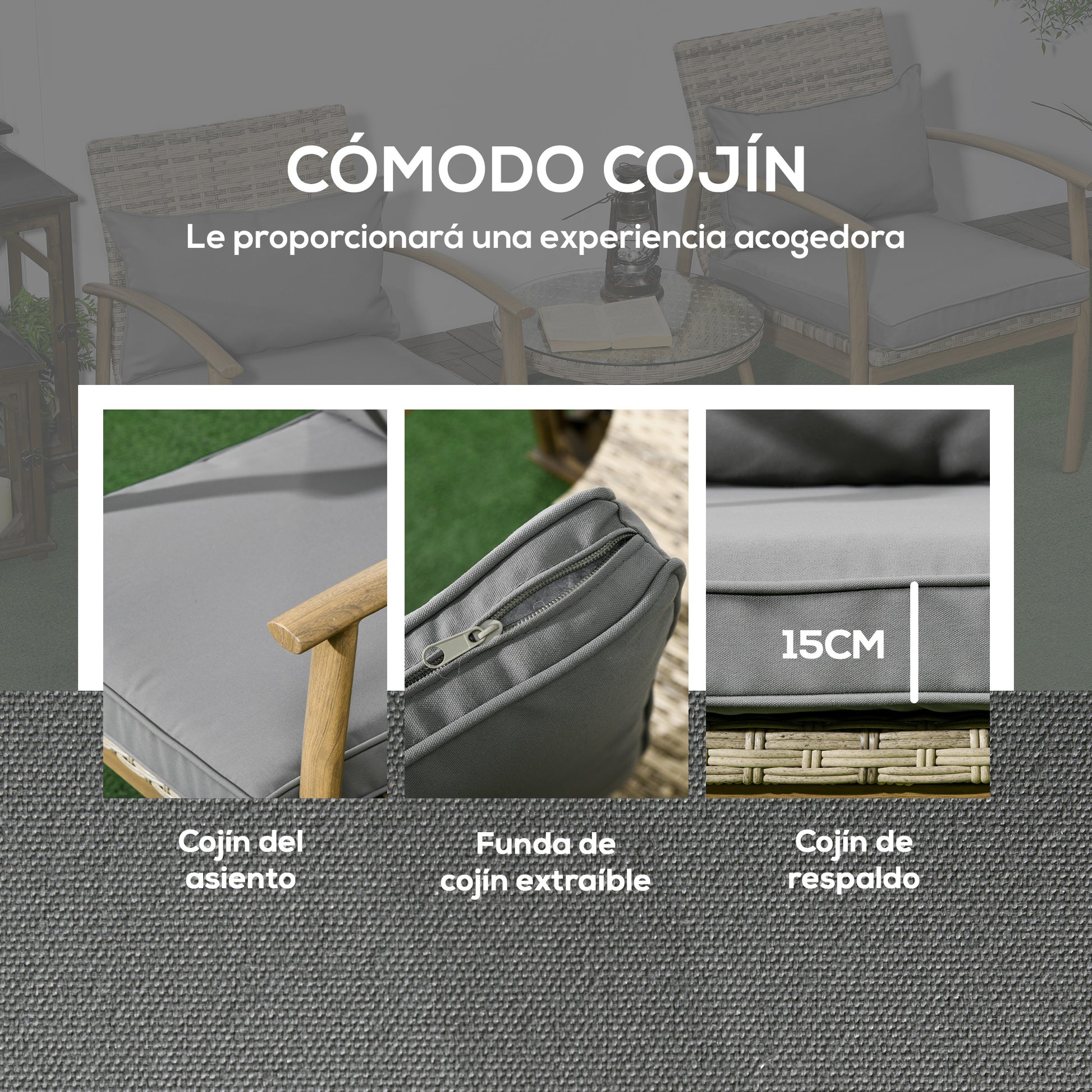 3-Piece Garden Furniture Set with Aluminum Frame and Removable Cushions for Terrace Patio Garden Natural and Brown