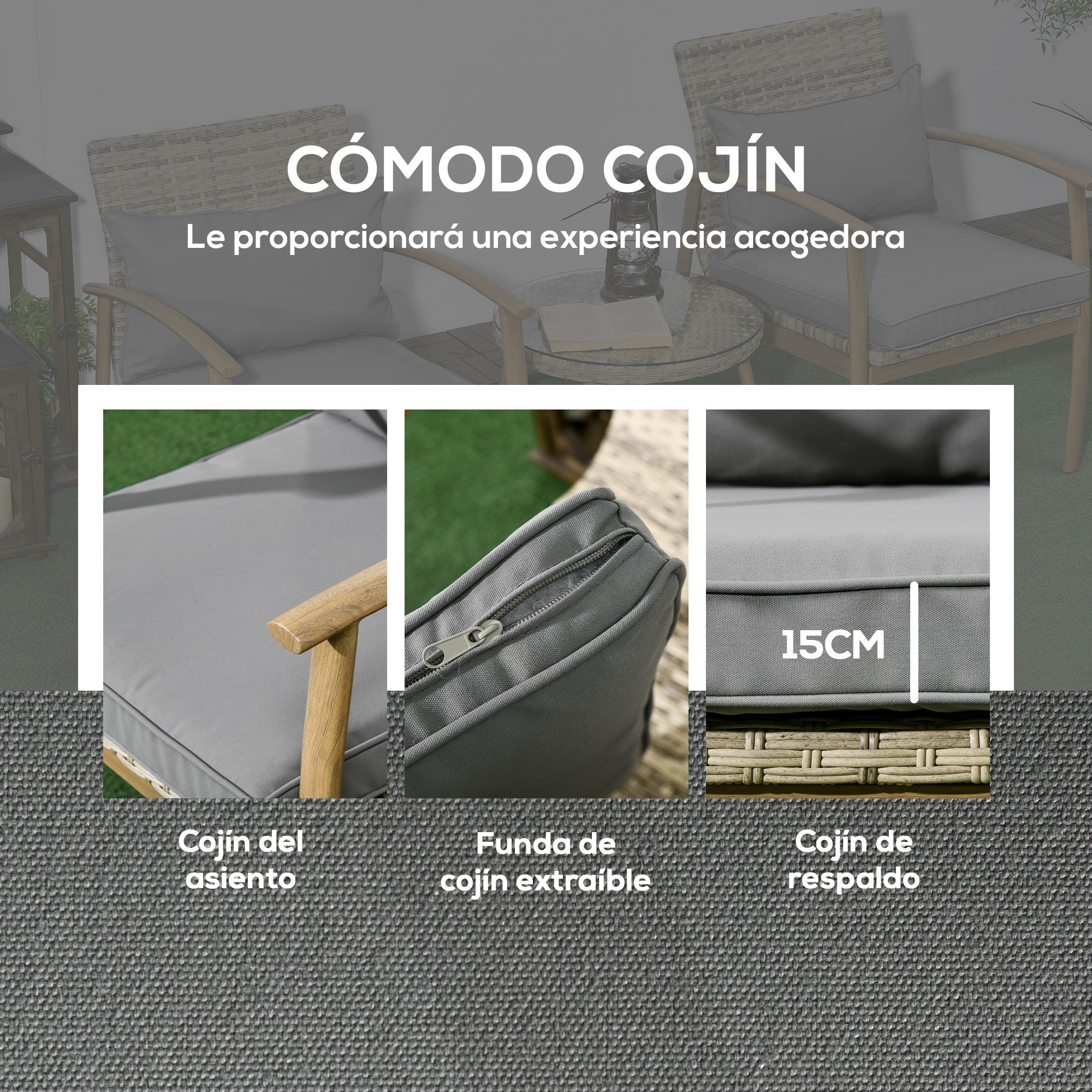 3-Piece Garden Furniture Set with Aluminum Frame and Removable Cushions for Terrace Patio Garden Natural and Brown