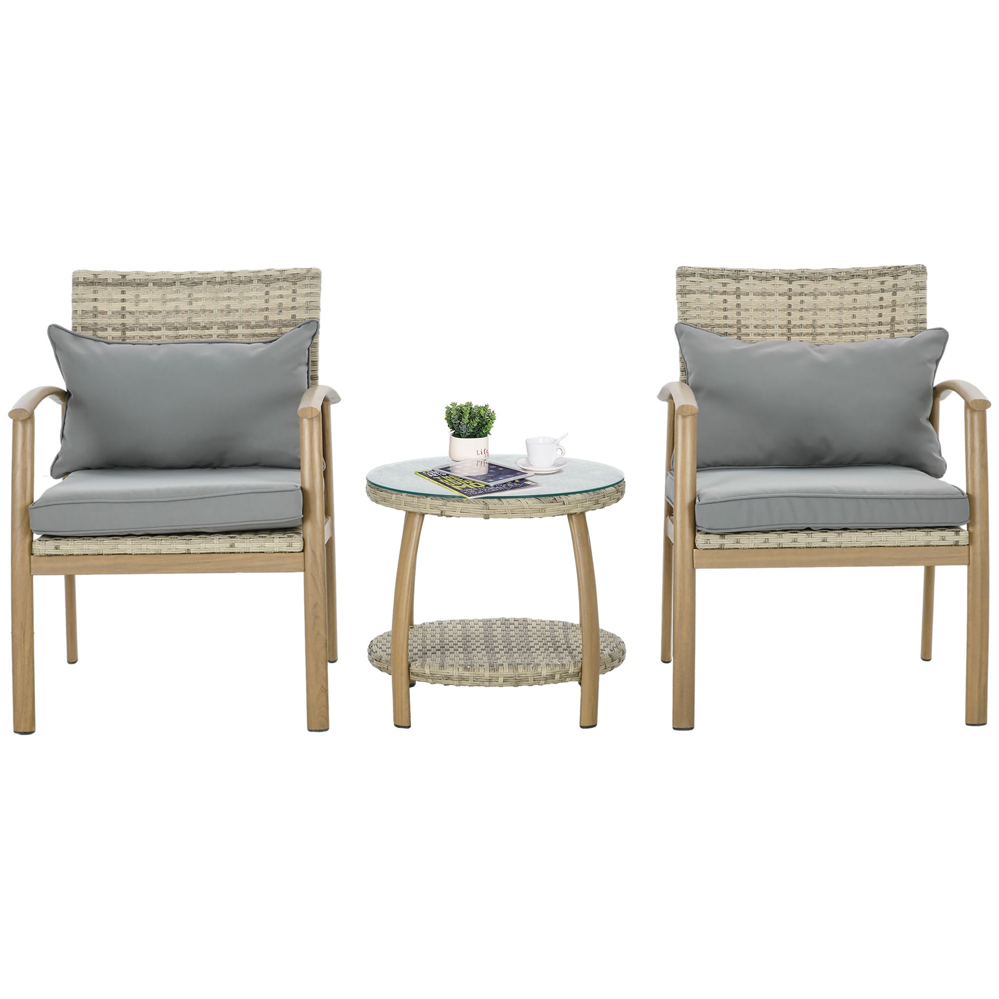 3-Piece Garden Furniture Set with Aluminum Frame and Removable Cushions for Terrace Patio Garden Natural and Brown