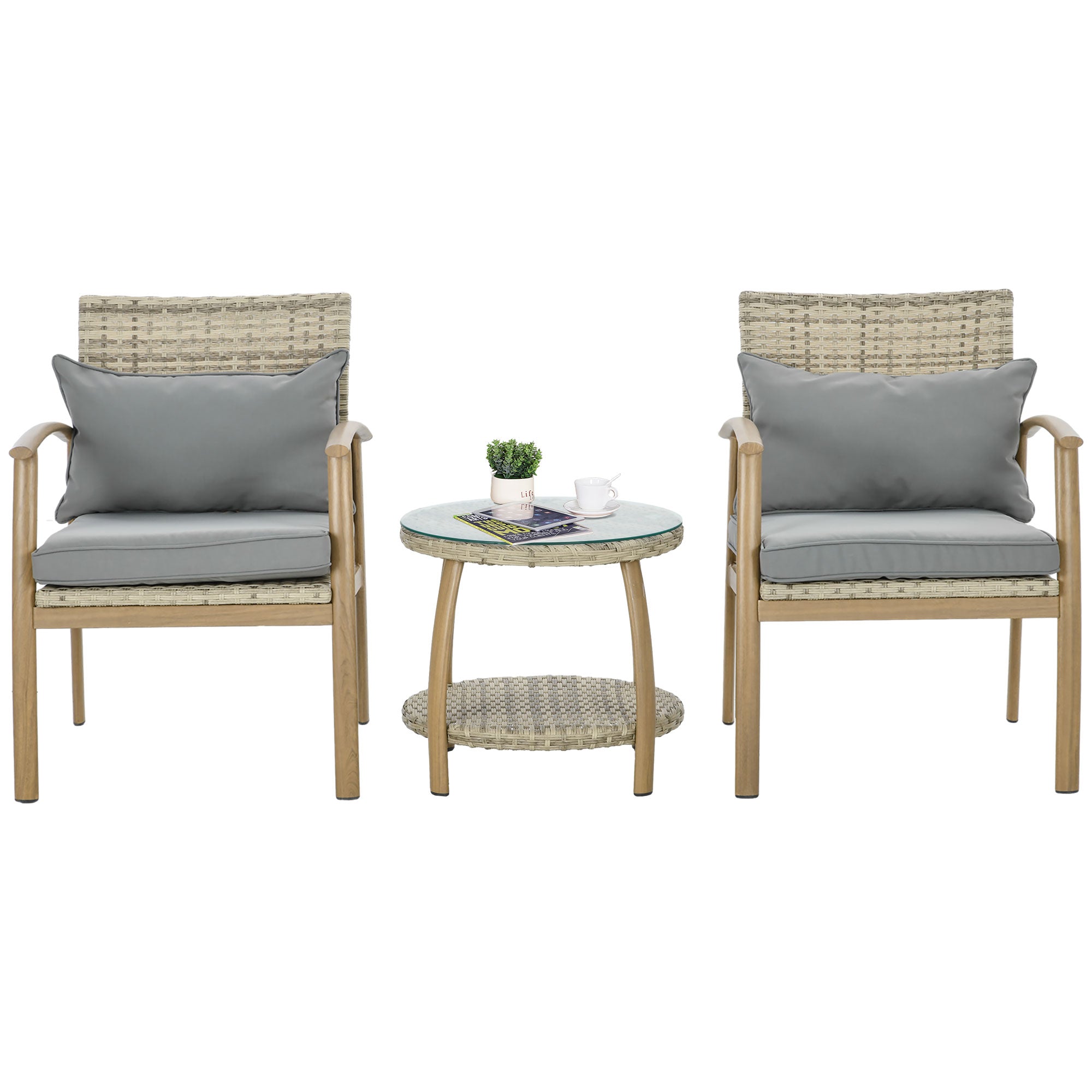 3-Piece Garden Furniture Set with Aluminum Frame and Removable Cushions for Terrace Patio Garden Natural and Brown