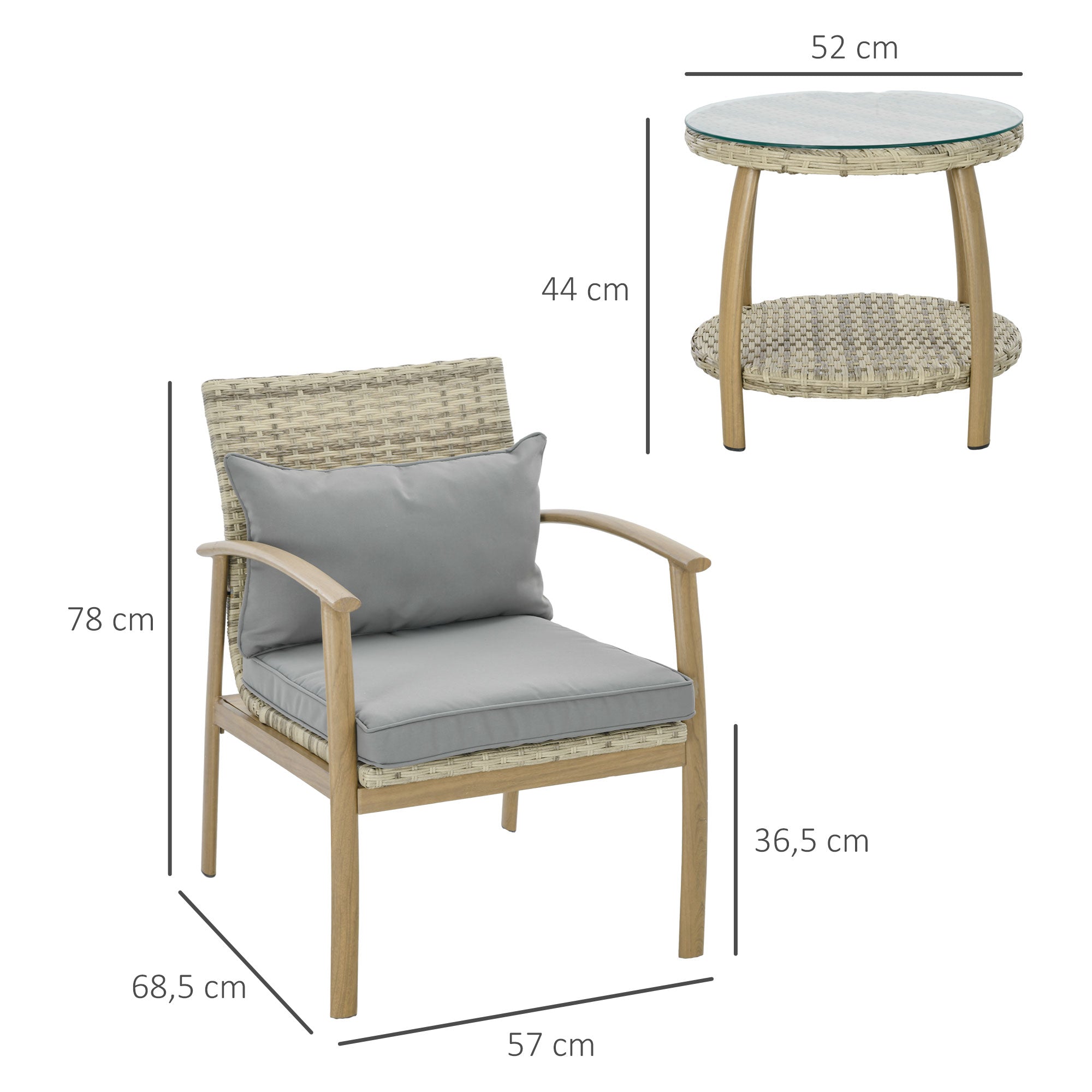 3-Piece Garden Furniture Set with Aluminum Frame and Removable Cushions for Terrace Patio Garden Natural and Brown