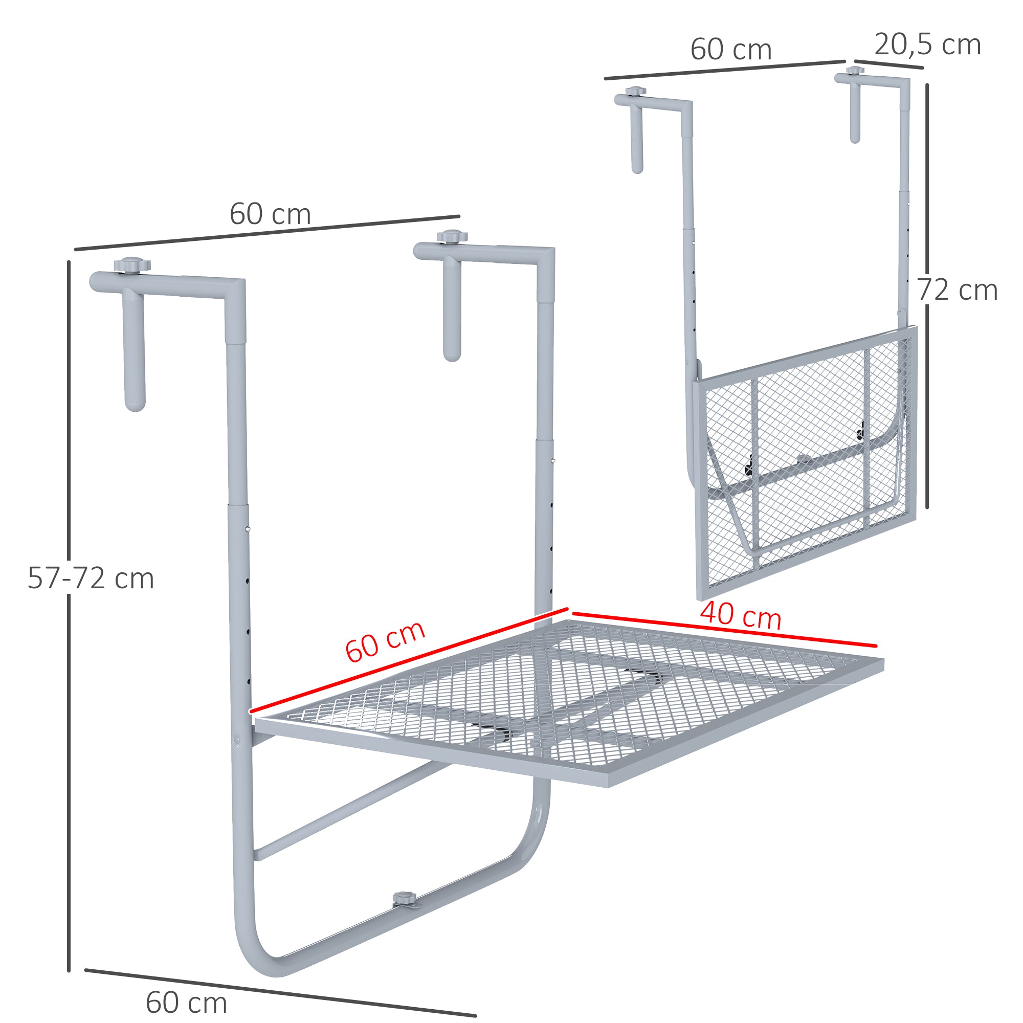Foldable Hanging Balcony Table – 4-Position Height-Adjustable Metal Clamp-On Railing Table, Weather-Resistant, 23.6 x 15.7 in (60 x 40 cm), Gray