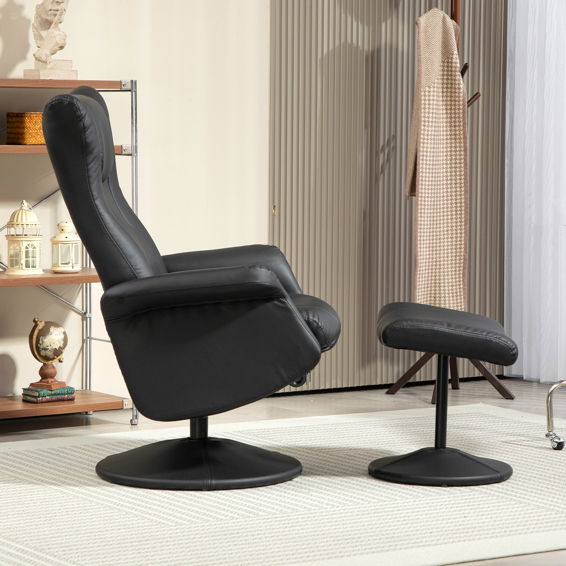 Recliner Chair with Stool 360° Rotating TV Chair with Reclining Function Relax Chair with Adjustable Backrest TV Chair up to 150 kg Load for Living Room Faux Leather, Black