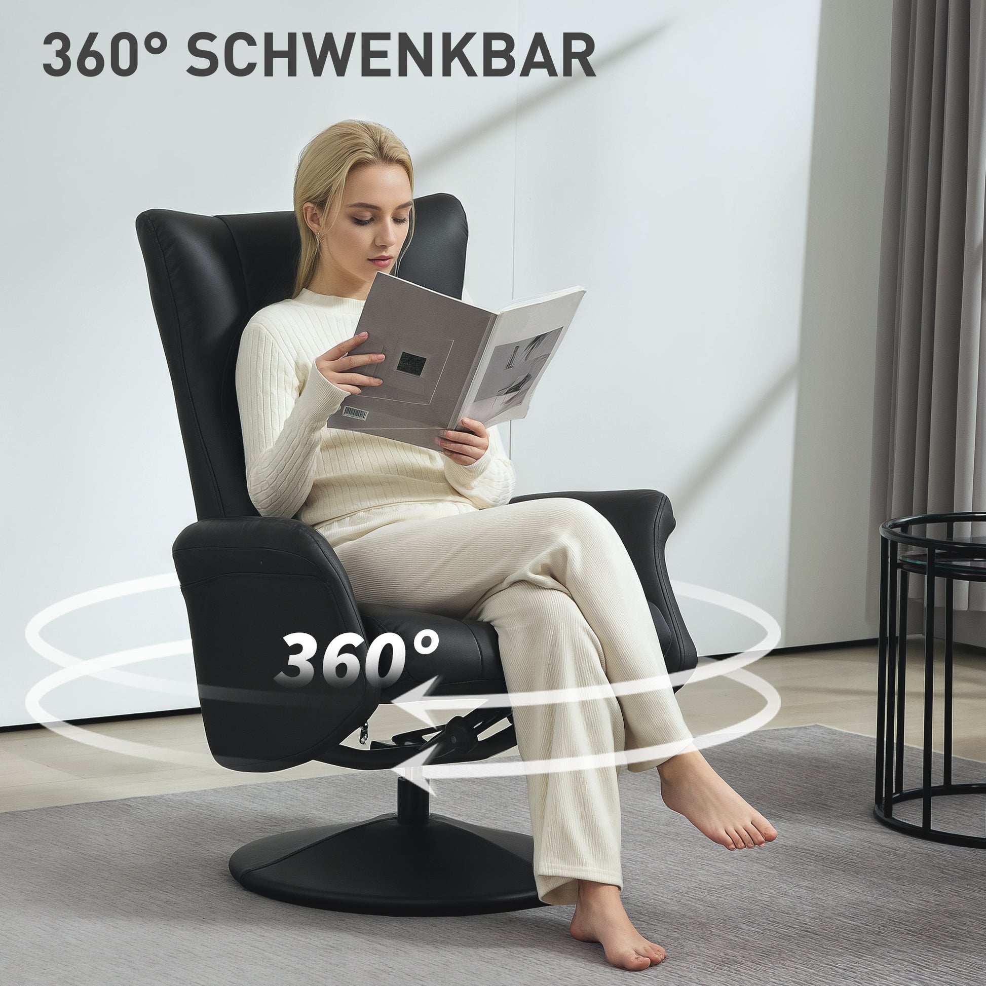 Recliner Chair with Stool 360° Rotating TV Chair with Reclining Function Relax Chair with Adjustable Backrest TV Chair up to 150 kg Load for Living Room Faux Leather, Black